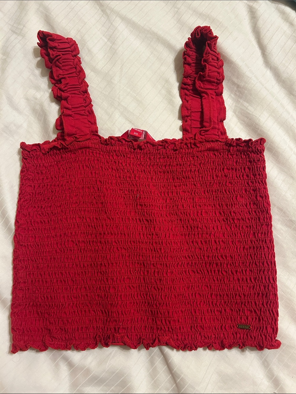 Guess Red Smocked Ruffle-Strap Tank Top